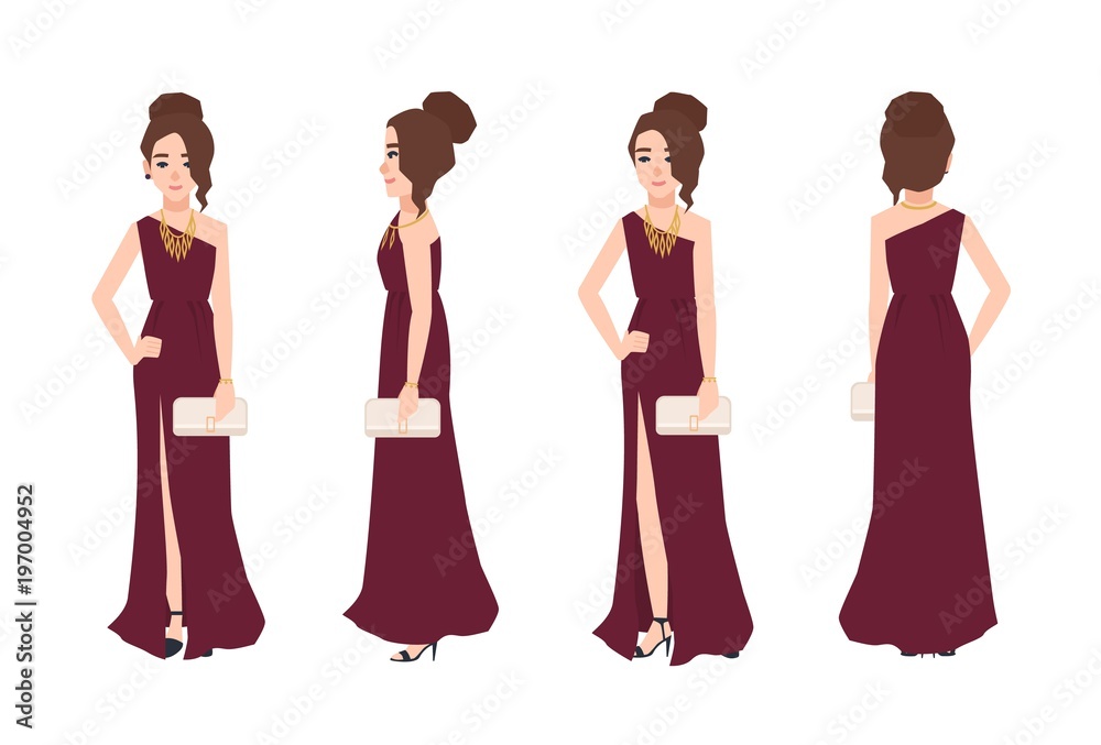 Young smiling woman with elegant hairstyle wearing long one-shoulder  evening dress with split front and holding clutch bag isolated on white  background. Front, side, back views. Vector illustration. Stock Vector |  Adobe