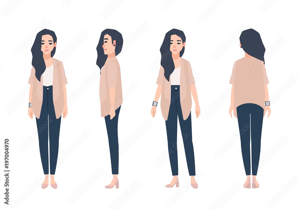 Obraz premium Young smiling woman with loose long brunette hair dressed in casual clothing isolated on white background. Cute girl wearing jeans and cardigan. Front, side, back views. Cartoon vector illustration.