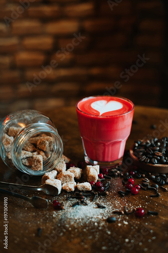 Composition of sugar cubes and fresh drink