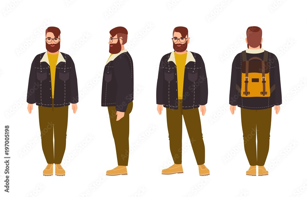 Stout bearded hipster man dressed in stylish clothing. Fat male cartoon character with trendy hairstyle and beard isolated on white background. Front, side, back views. Colorful vector illustration. Stock Vector | Adobe Stout bearded hipster man dressed in stylish clothing. Fat male cartoon character with trendy hairstyle and beard isolated on white background. Front, side, back views. Colorful vector illustration. Stock Vector | Adobe