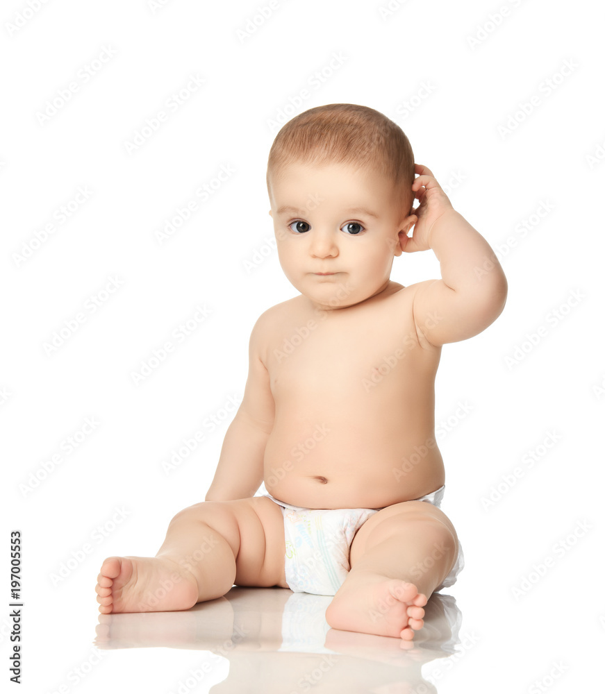 8 month infant child baby boy kid toddler sitting in diaper thinking scratch one head 8 month infant child baby boy kid toddler sitting in diaper thinking scratch one head