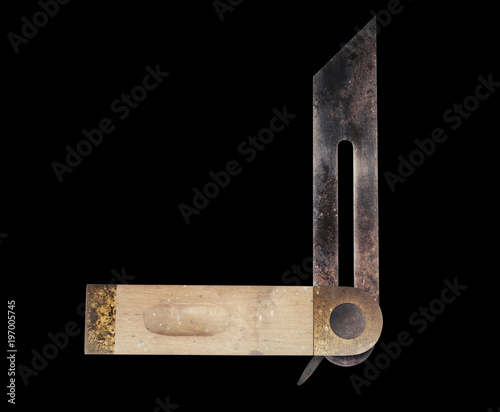 3D illustration of a Grungy Sliding Bevel Gauge, bottom right angle view on black background