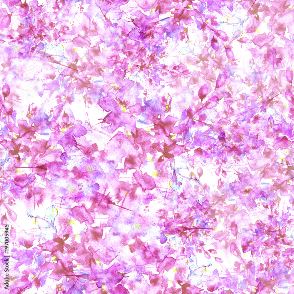 Seamless Pattern of pink, lilac wild flowers on a branch in watercolor. Bud, branch, petal, bouquet of flowers, chamomile, wild herbs. For textiles, wallpaper. Abstract, fashionable pattern.