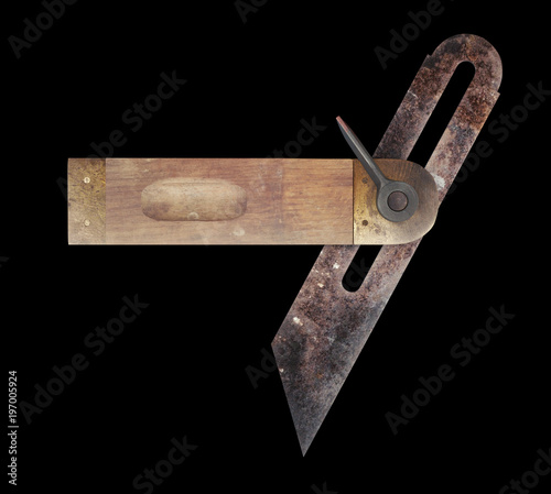 3D illustration of a Grungy Sliding Bevel Gauge, top view on black background