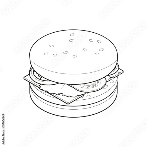 Burger isometric coloring book, concept unhealthy food, fast food illustration