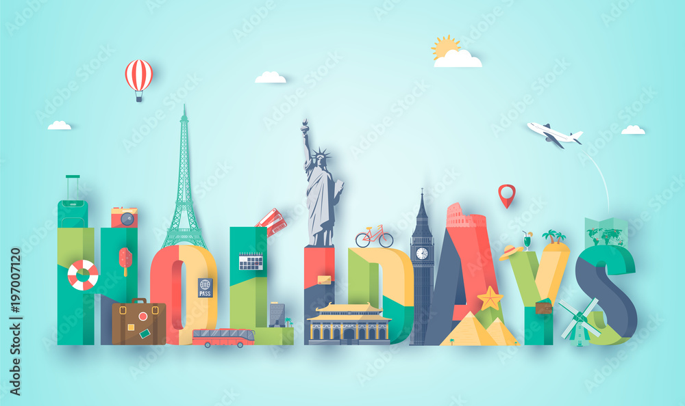 Travel composition with famous world landmarks. Travel and Tourism. Vector