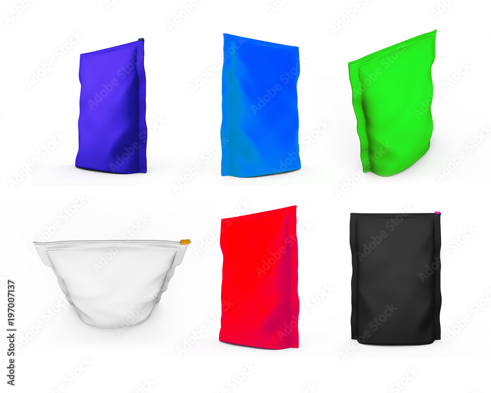 Blank Foil plastic white coffee bag isolated on white background. Packaging template mockup collection. 3d rendering.Ready for your design. 3d rendering