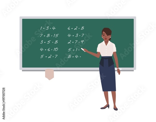 Female math teacher writing mathematical expressions on green chalkboard. Happy african american woman teaching mathematics. Cartoon character isolated on white background. Vector illustration.