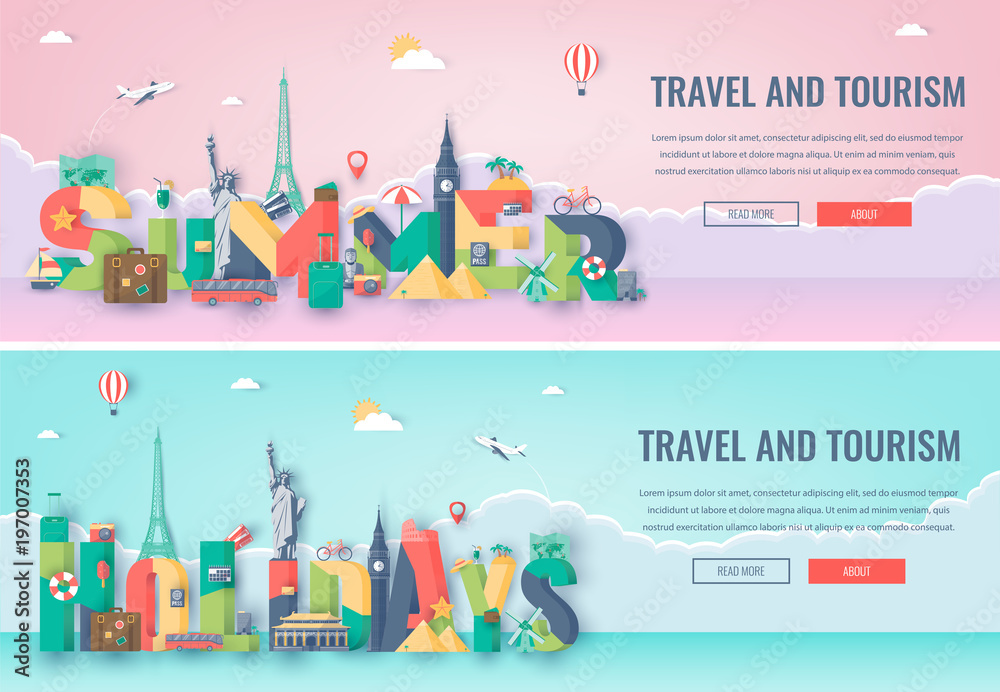 Obraz premium Travel composition with famous world landmarks. Travel and Tourism. Concept website template. Vector.
