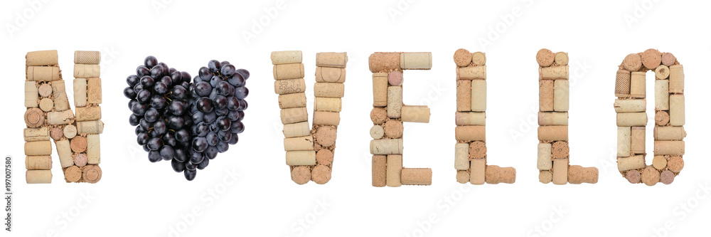 Italian young wine Novello made of wine corks and heart of black grapes isolated on white Italian young wine Novello made of wine corks and heart of black grapes isolated on white