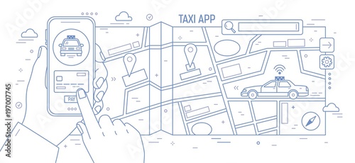 Horizontal banner with hands holding smartphone, city map and taxi car drawn ...