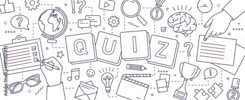 Horizontal banner with hands of people solving puzzles, answering quiz questions, playing board games to test intelligence or intellect drawn with lines on white background. Vector illustration.