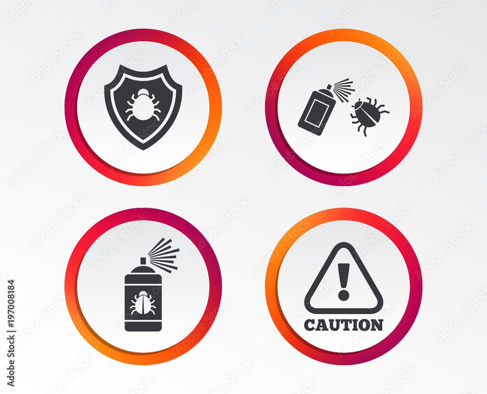 Bug disinfection icons. Caution attention and shield symbols. Insect fumigation spray sign. Infographic design buttons. Circle templates. Vector