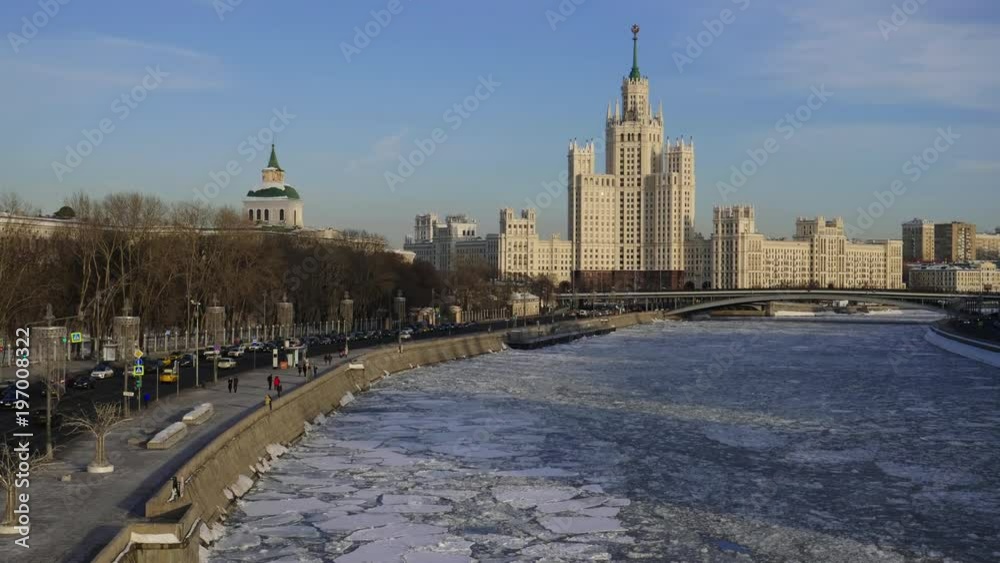 View of frozen embankment of the Moscow river View of frozen embankment of the Moscow river