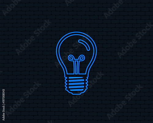 Neon light. Light bulb icon. Lamp E27 screw socket symbol. Illumination sign. Glowing graphic design. Brick wall. Vector