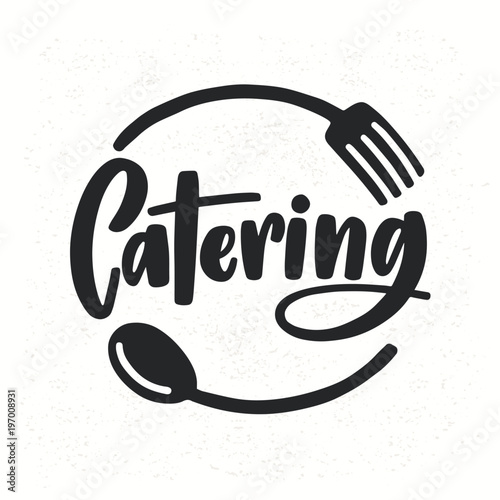 Catering company logotype with lettering written with calligraphic cursive font decorated with cutlery or kitchenware