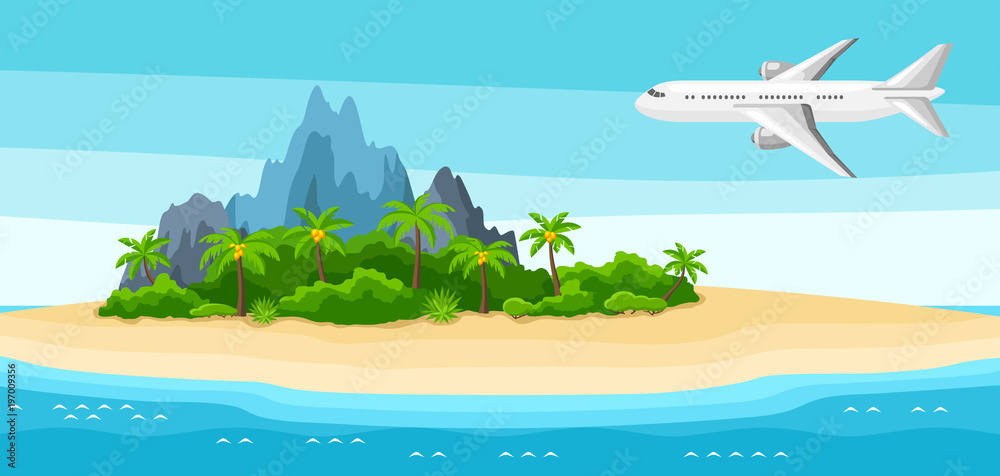 Illustration of tropical island in ocean. Landscape with airplane, palm trees and rocks. Travel background