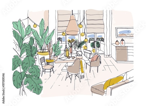 Colored drawing of cozy dining or living room furnished in modern Scandic hygge style with table, chairs, couch. Lounge area full of trendy comfy furniture and home decorations. Vector illustration.