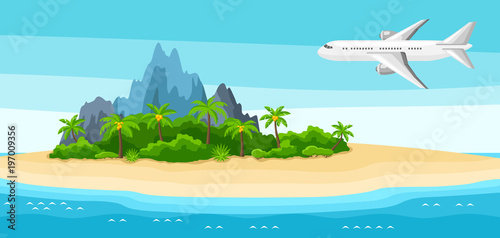 Illustration of tropical island in ocean. Landscape with airplane, palm trees and rocks. Travel background