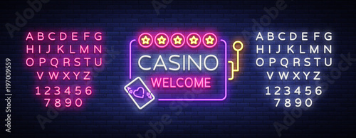 Casino welcome logo in neon style. Design template. Neon sign, light banner, neon billboard bright light advertising gambling, casino, poker, slot machines. Vector illustration. Editing text neon sign