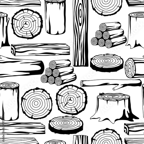 Seamless pattern with wood logs, trunks and planks. Background for forestry and lumber industry
