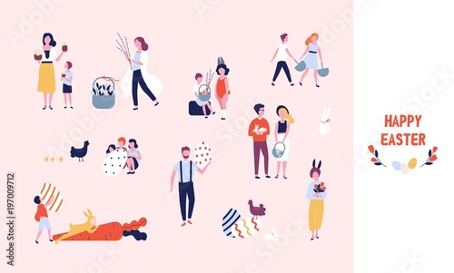 Collection of people carrying large decorated easter eggs, cakes, flowers and pussy willow branches, playing kids dressed in bunny costumes. Bundle of flat cartoon characters. Vector illustration.