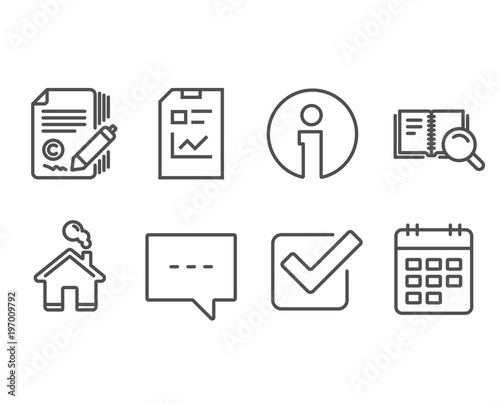 Set of Blog, Report document and Search book icons. Copywriting, Checkbox and Calendar signs. Chat message, Statistics file, Online education. Ð¡opyright signature, Approved tick, Event reminder