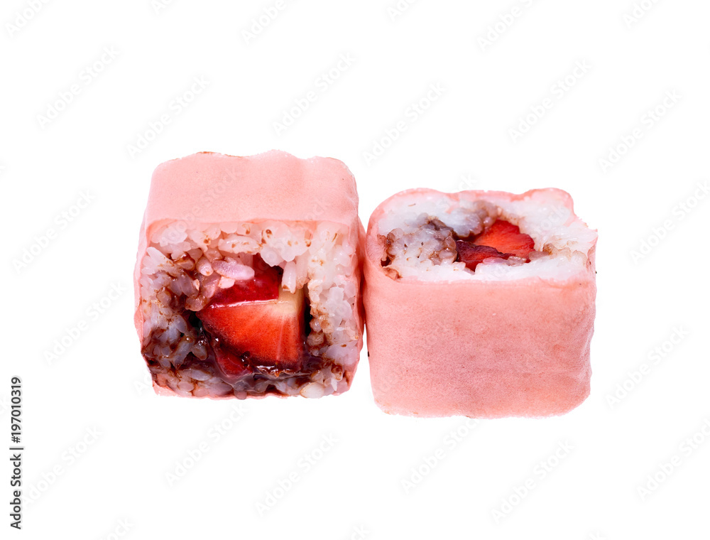 Sweet sushi rolls with a strawberry and chocolate