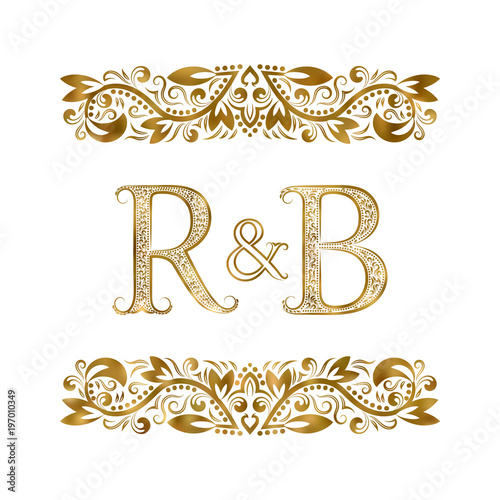 R and B vintage initials logo symbol. The letters are surrounded by ornamental elements. Wedding or business partners monogram in royal style.