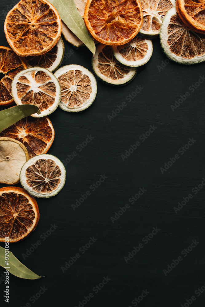 Frame of dry fruits slices on black background Frame of dry fruits slices on black background