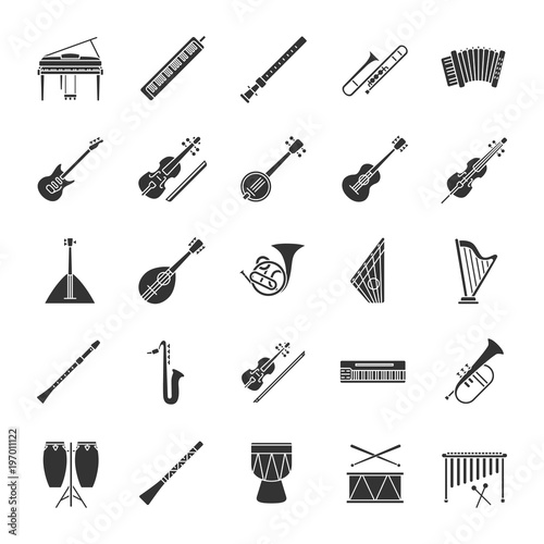 Musical instruments glyph icons set