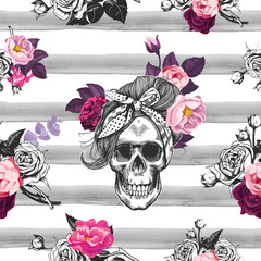 Sierkussen Doodshoofd met bloemen patronen Hipster schedels met rozen zwart wit  © FoxyImage