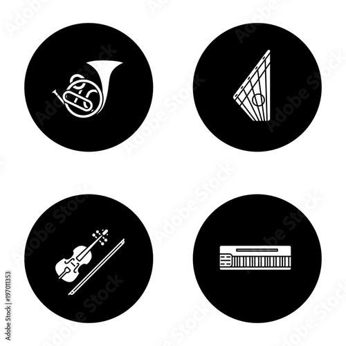 Musical instruments glyph icons set