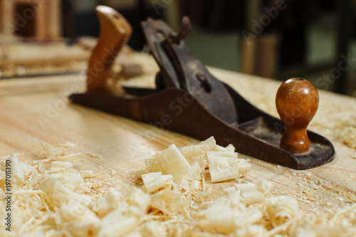 Wood working tools Vintage Saw Tool, Planer and wood shavings. . woodworking, craftsmanship and handwork concept