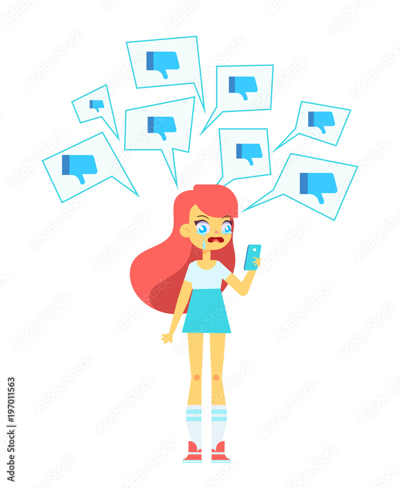 Upset crying girl with social media dislike icons around. Thumbs Down. Virtual haters concept. Flat vector illustration. Upset crying girl with social media dislike icons around. Thumbs Down. Virtual haters concept. Flat vector illustration.
