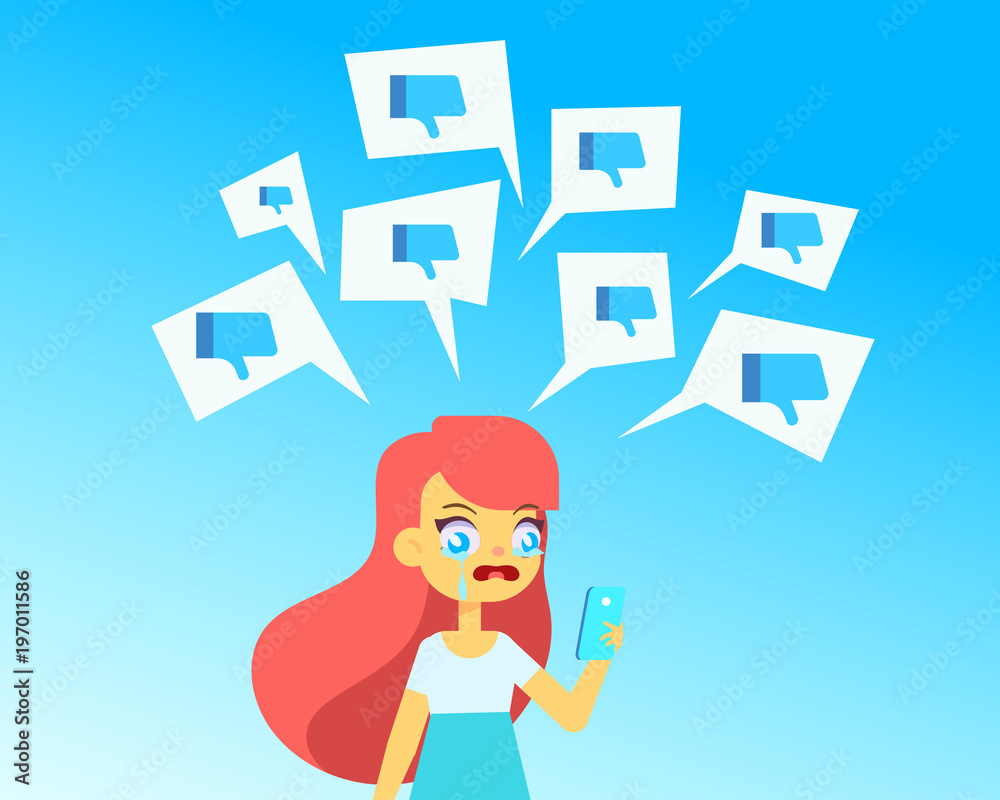 Upset crying girl with social media dislike icons around. Thumbs Down. Virtual haters concept. Flat vector illustration. Upset crying girl with social media dislike icons around. Thumbs Down. Virtual haters concept. Flat vector illustration.