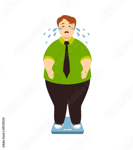 Fat man cries on the scales. Vector illustration