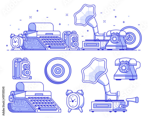 Vintage things and objects. Flea market or antiques shop banner. Old rarity elements for entertainment with lens camera, gramophone, typewriter and telephone. Abstract retro tech concept background.