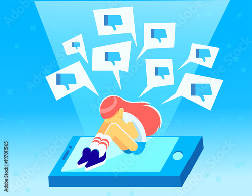Upset crying girl sitting on the mobile's screen with social media dislike icons around. Thumbs Down.  Virtual haters concept. Flat vector illustration.