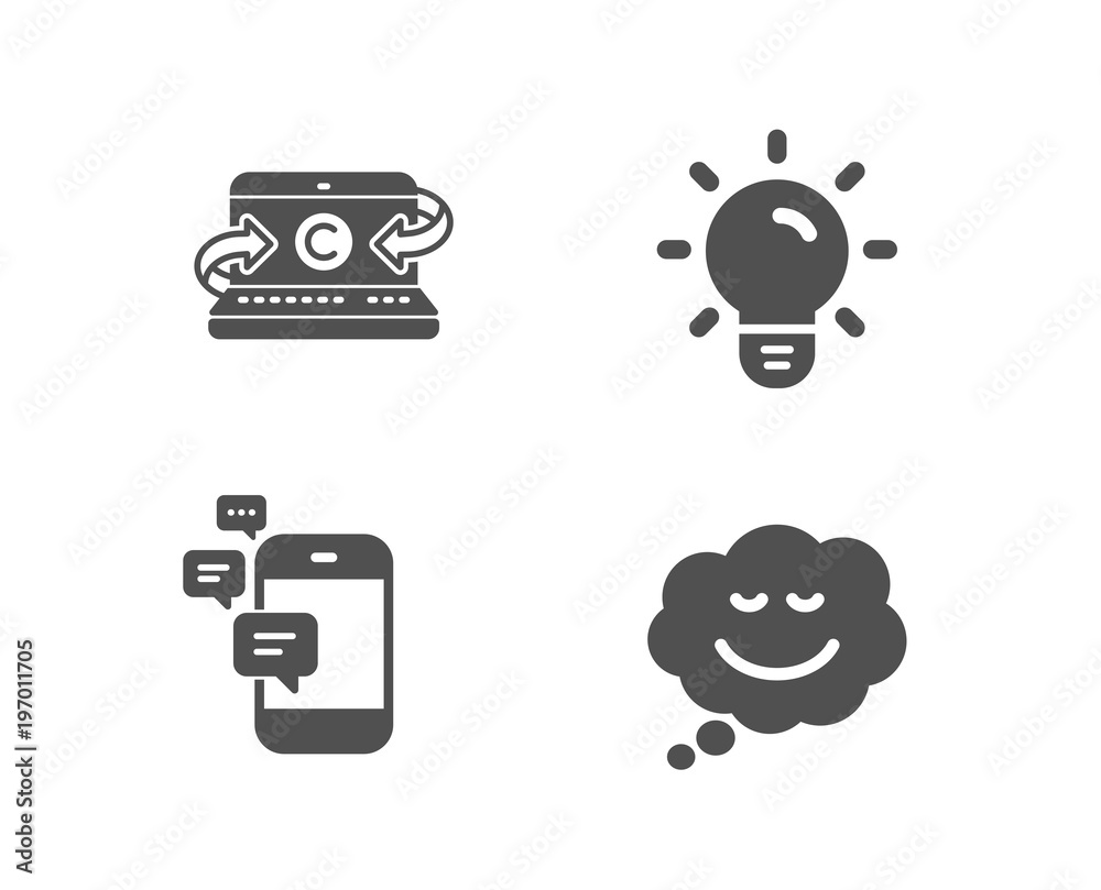 Set of Communication, Light bulb and Copywriting notebook icons. Speech bubble sign. Smartphone messages, Lamp energy, Writer laptop. Comic chat. Quality design elements. Classic style. Vector Set of Communication, Light bulb and Copywriting notebook icons. Speech bubble sign. Smartphone messages, Lamp energy, Writer laptop. Comic chat. Quality design elements. Classic style. Vector