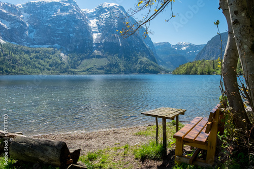 Love seat at lake in summer