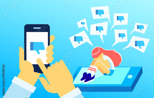 Upset crying girl sitting on the mobile's screen with social media dislike icons around. Thumbs Down.  Virtual haters concept. Flat vector illustration.