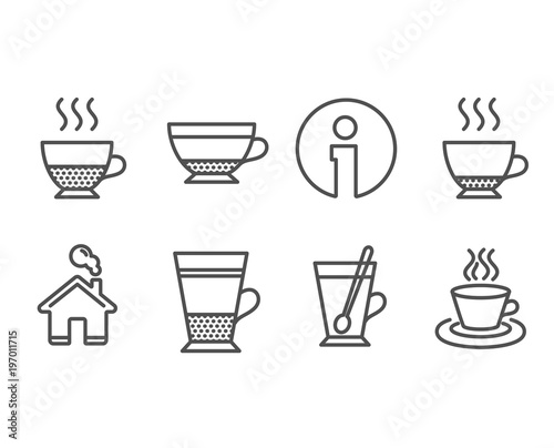 Set of Espresso, Dry cappuccino and Doppio icons. Double latte, Tea mug and Tea cup signs. Hot drink, Beverage mug, Coffee drink. Cup with teaspoon.  Information and Home design elements. Vector