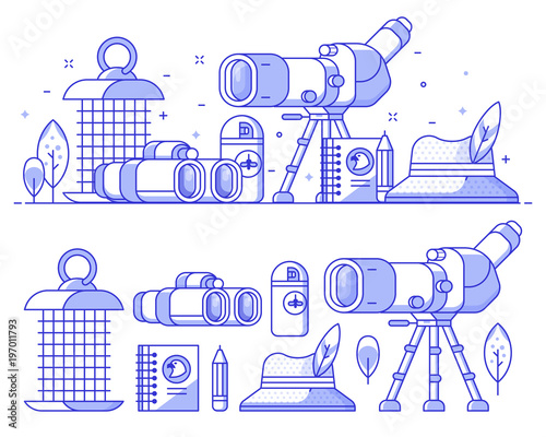 Birding icon set with birdwatcher equipment and elements. Travel scope, binoculars, birder hat and feathers. Ornithology and birdwatching icons and concept banner or background in line art.