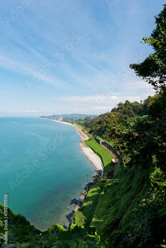Beautiful Scenic Summer View From Botanical Garden Of Sea Bay And Railroad On Coast.