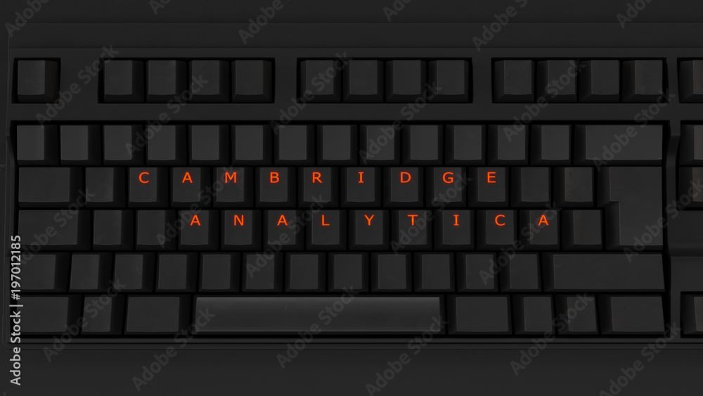 Close Up of Illuminated Glowing Keys on a Black Keyboard Spelling Cambridge Analytica 3d illustration Editorial Manchester UK 19th March 2018 Data breach scandal 
