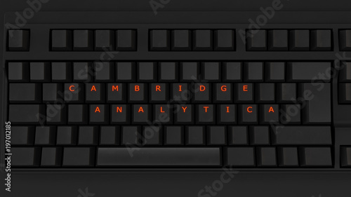 Close Up of Illuminated Glowing Keys on a Black Keyboard Spelling Cambridge Analytica 3d illustration Editorial Manchester UK 19th March 2018 Data breach scandal  photo