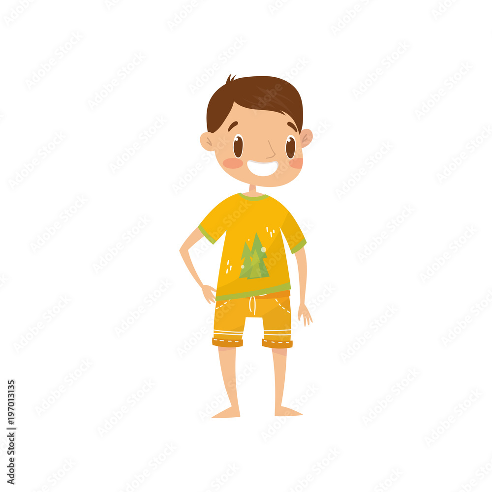 Smiling boy in casual summer clothes, cute boy in orange shirt and shorts vector Illustration on a white background