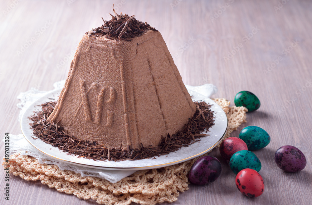 Ταπετσαρία Traditional Russian Easter cottage cheese dessert, Orthodox Paskha, with chocola