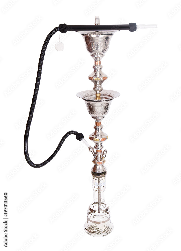 Close up standing view of elegant designer silver hooka stand with black rubber pipe. Add your favorite erotic flavour and enjoy blowing plumes of smoke. Close up standing view of elegant designer silver hooka stand with black rubber pipe. Add your favorite erotic flavour and enjoy blowing plumes of smoke.